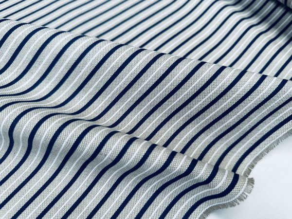 Nautical Candy Stripes Fabric Linen Look Marine Print - Curtain Upholstery Material - 140cm or 55" Wide - Blue and Cream, White Stripe