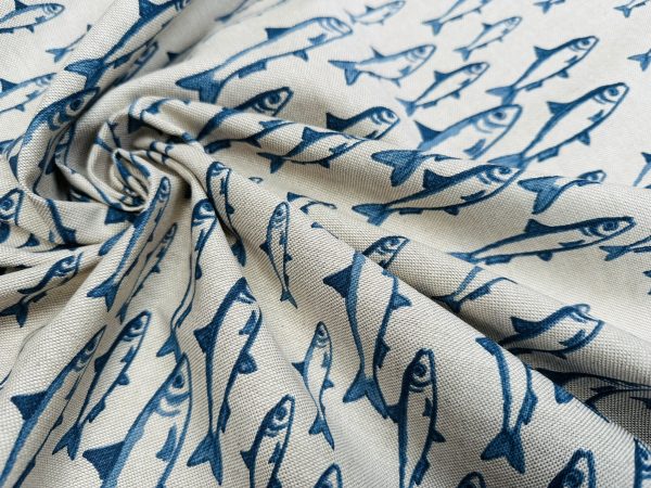 Sardine Fish Fabric Linen Look Marine Print - Curtain Upholstery Material - 140cm or 55" Wide Canvas