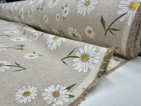 Daisy Floral Print Fabric Linen Look Home Decor Curtain Upholstery Culla Yellow Chamomile Material - 55"/140cm Wide Canvas - Image 3