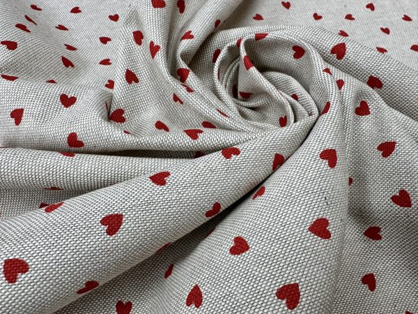 Little Red Love Hearts Fabric Linen Look Home Decor Upholstery Curtain Christmas Culla Material - 55"/140cm Wide Canvas