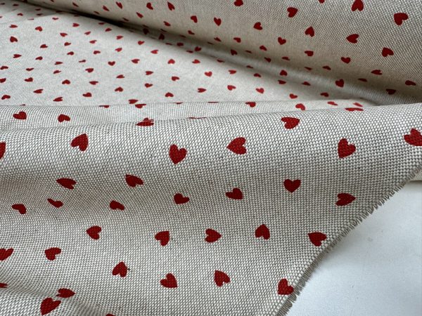 Little Red Love Hearts Fabric Linen Look Home Decor Upholstery Curtain Christmas Culla Material - 55"/140cm Wide Canvas - Image 3