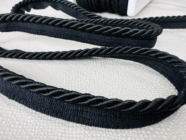 Black Flanged Piping Cord Twisted Rope Trim Home Decor – Pillow Cushion Curtains Edge Trimming Upholstery – 7mm Wide – ANY LENGTH