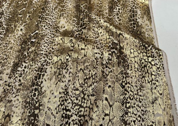 Metallic Snake Skin Print Python Leopard Animal Fabric Linen Look Cotton Blend Curtain Decor Dress - 55"/140cm wide - Gold - Image 3