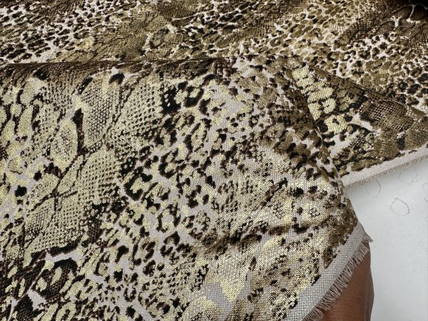 Metallic Snake Skin Print Python Leopard Animal Fabric Linen Look Cotton Blend Curtain Decor Dress - 55"/140cm wide - Gold - Image 7