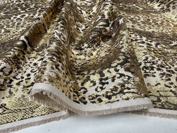 Metallic Snake Skin Print Python Leopard Animal Fabric Linen Look Cotton Blend Curtain Decor Dress - 55"/140cm wide - Gold - Image 6