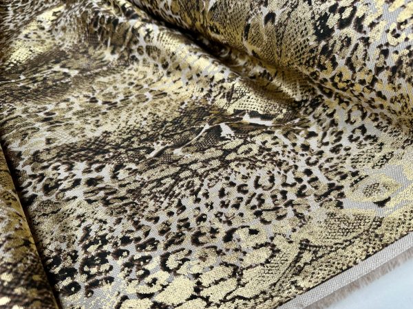 Metallic Snake Skin Print Python Leopard Animal Fabric Linen Look Cotton Blend Curtain Decor Dress - 55"/140cm wide - Gold