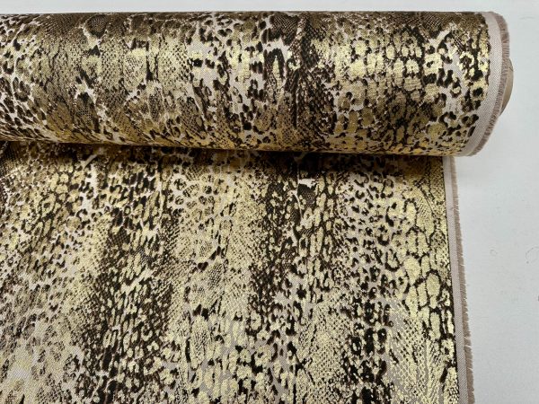 Metallic Snake Skin Print Python Leopard Animal Fabric Linen Look Cotton Blend Curtain Decor Dress - 55"/140cm wide - Gold - Image 2