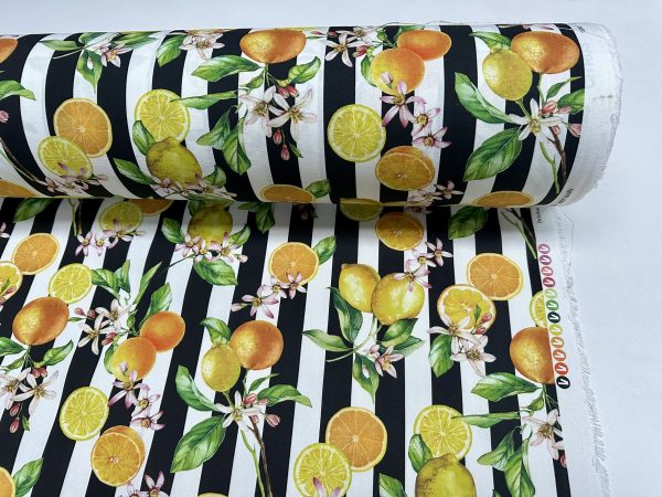 Citrus Stripes Fabric Home Decor Curtain UpholsteryBlack & White Stripe Orange Lemon Digital Print Material - 140cm or 55" Wide - Image 3