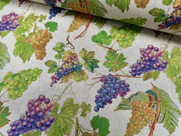 Grape Vineyard Digital Print Fabric Linen Look Canvas Purple Green Vine Leaf Material Home Decor Cushions Curtains Crafts - 55"/140cm Wide - Image 4