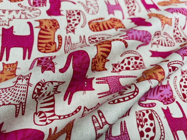 Lazy Cats Fabric Print Home Decor Linen Look Animal Cat Curtain Upholstery Material - 55" or 140cm Wide Canvas - Pink & Orange