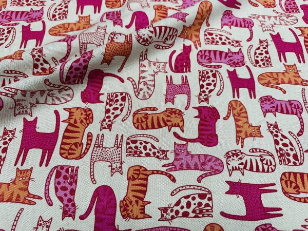 Lazy Cats Fabric Print Home Decor Linen Look Animal Cat Curtain Upholstery Material - 55" or 140cm Wide Canvas - Pink & Orange - Image 6