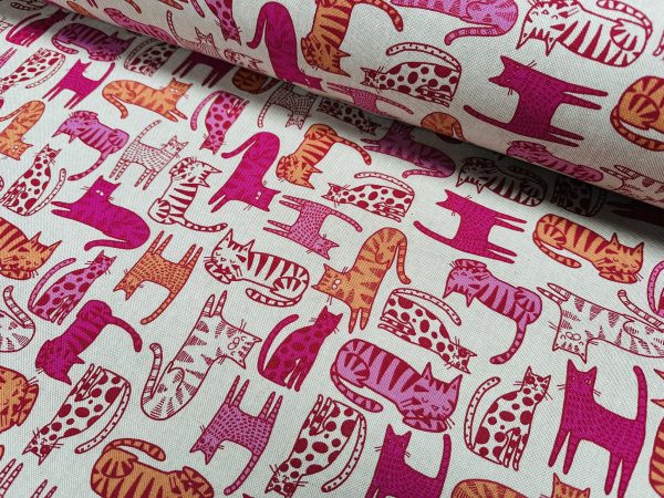 Lazy Cats Fabric Print Home Decor Linen Look Animal Cat Curtain Upholstery Material - 55" or 140cm Wide Canvas - Pink & Orange - Image 5