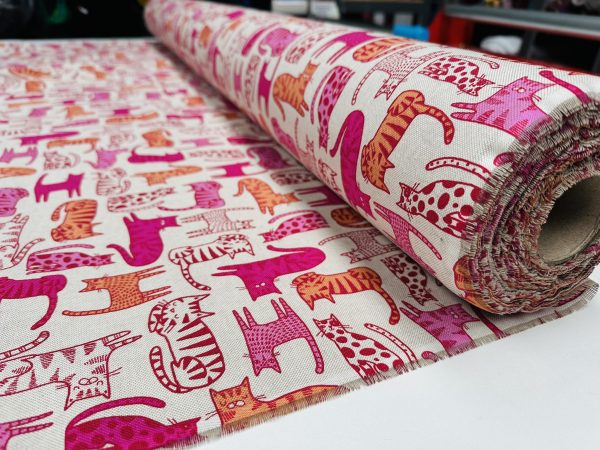 Lazy Cats Fabric Print Home Decor Linen Look Animal Cat Curtain Upholstery Material - 55" or 140cm Wide Canvas - Pink & Orange - Image 4
