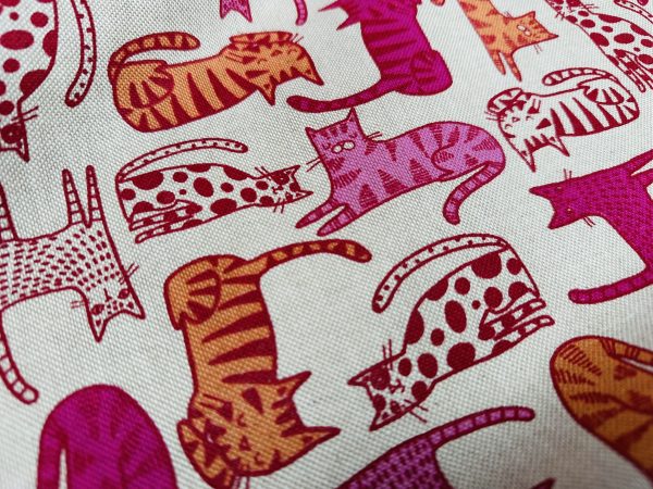 Lazy Cats Fabric Print Home Decor Linen Look Animal Cat Curtain Upholstery Material - 55" or 140cm Wide Canvas - Pink & Orange - Image 2