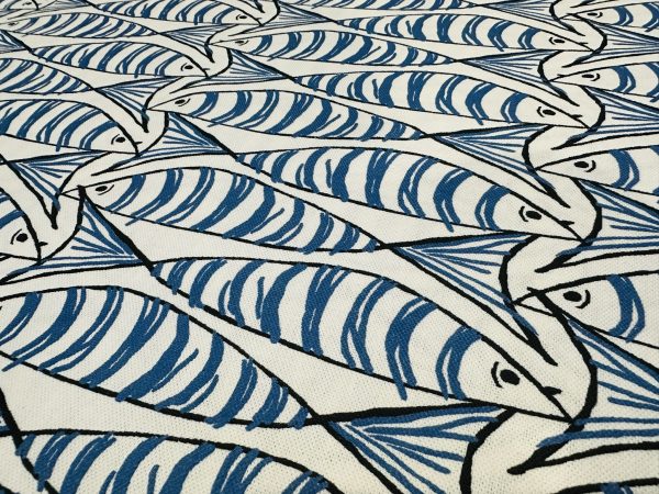 Sprats Blue Sardines Fish Fabric Marine White Digital Print Home Decor Curtain Upholstery Material - 140cm or 55" Wide