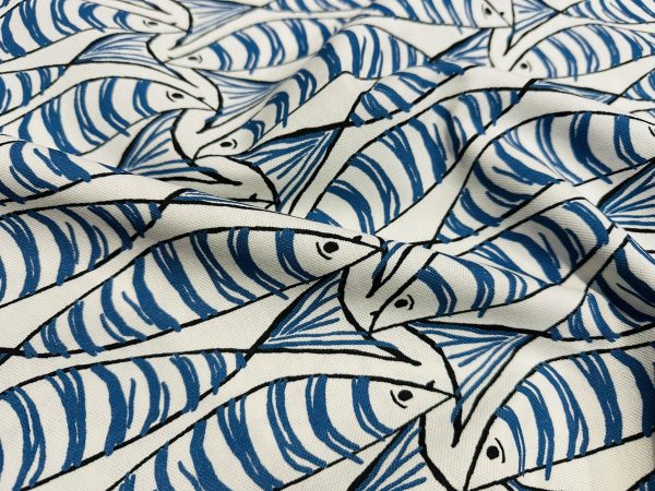 Sprats Blue Sardines Fish Fabric Marine White Digital Print Home Decor Curtain Upholstery Material - 140cm or 55" Wide - Image 2