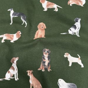 Dark Green Dogs Fabric for Curtains Upholstery Dressmaking - Cute Dog Breeds Print Cotton Material - 55"/140cm wide