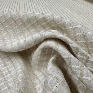 Textured Grid Weave Upholstery Fabric Linen Look Raised Check / Waffle Style Jacquard Neutral Beige – 55" or 140cm Wide