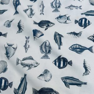 Navy Fish Fabric – Coastal Cotton Material with Seashell Print for Home Decor, Curtains, Cushions and Crafts – 140cm Wide