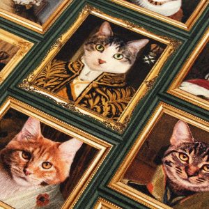 Royal Cats Fabric for Home Decor Upholstery Curtains – Animal Portrait Print with Golden Frames – 140cm Wide