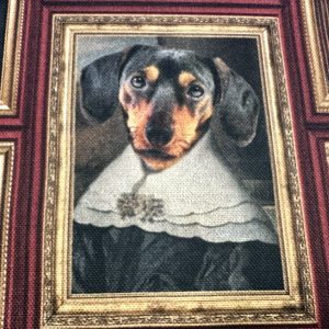 Royal Dogs Fabric for Home Decor Upholstery Curtains – Animal Portrait Print with Golden Frames – 140cm Wide