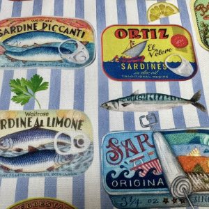 Sardine Tin Fabric – Retro Fish Can Vintage Print Cotton Material for Kitchen Decor Curtains Tablecloths Crafts Upholstery - 140cm Wide