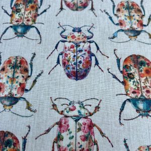 Scarab Beetle Bug Fabric Floral Print Linen Look Upholstery Kitchen Curtains Cotton Material 55” 140cm Wide