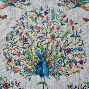 Floral Peacock Print Fabric – Linen Look Home Decor Kitchen Cushion Curtain Material - 140cm Wide