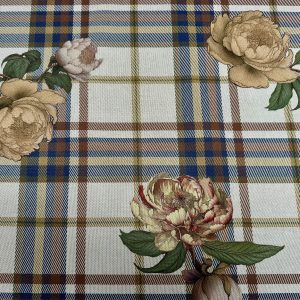 Floral Tartan Cotton Fabric Linen Look – Peony Check Digital Print Upholstery Home Decor Curtain Material 140cm Wide