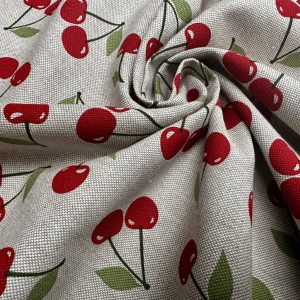 Cherry Print Fabric Linen Look Home Decor Curtain Upholstery Culla Red Berry Material – 55"/140cm Wide Canvas