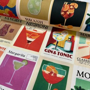 Classic Cocktails Fabric – Retro Drinks Print Cotton Material – Kitchen Decor, Curtains, Tablecloths, Bar Theme Upholstery – 142cm Wide - Sold by the Yard