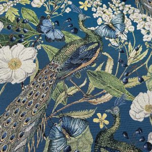 Peacock Gobelin Fabric Butterfly Botanical Floral Tapestry Woven Jacquard Upholstery Home Decor Cushion Curtains – 140cm Wide – Teal Blue