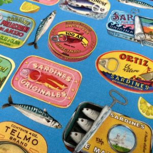 Blue Sardine Tin Fabric – Retro Fish Can Vintage Print Cotton Material for Kitchen Decor Curtains Tablecloths Crafts Upholstery - 140cm Wide