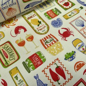 Italian Lobster & Lemon Cotton Fabric Mediterranean Food Print Sardines Olive Kitchen Home Decor Cushion Material - 140cm or 55" Wide