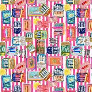 Pink Sardine Tins Cotton Jersey Fabric Retro Fish Sprats Digital Print Stretch Striped Material – 148cm or 58" Wide