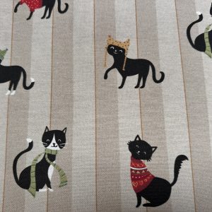 Winter Cats Striped Fabric Digital Print Cute Black Cat Home Decor Linen Look Curtain Upholstery Material - 55" or 140cm Wide